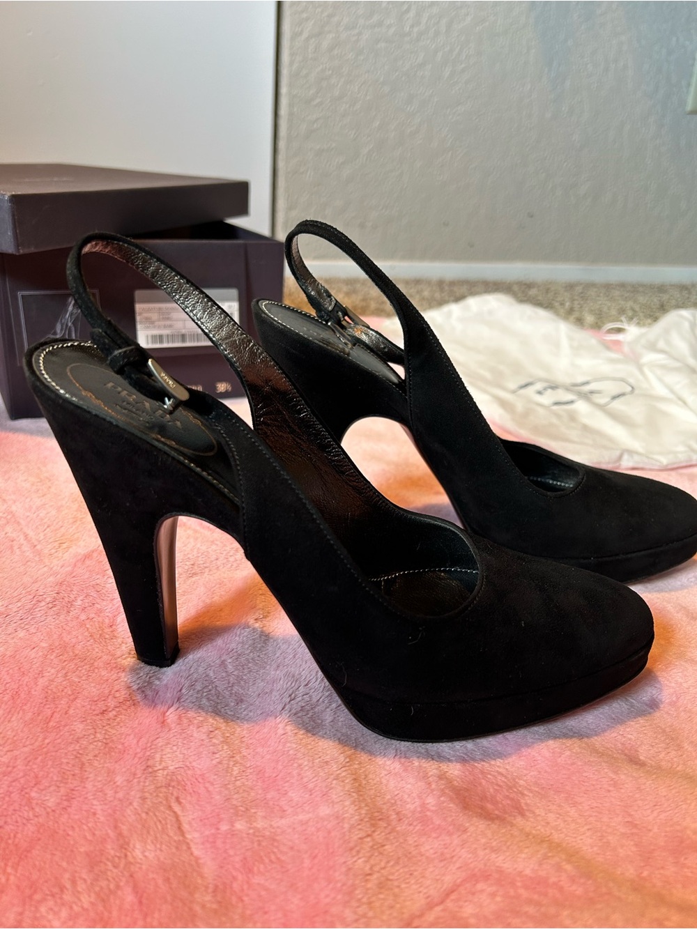 Prada Black Suede Platform Slingback Buckle Strap Heels